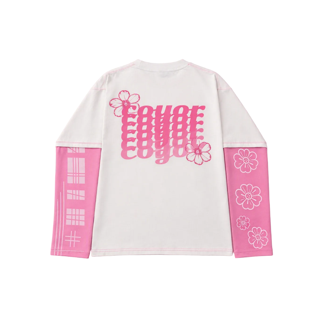 Coyor Blush Bloom streetwear longsleeve back print featuring oversized pink Coyor logo graphic, floral artwork, pastel pink sleeves, and premium fashion design.