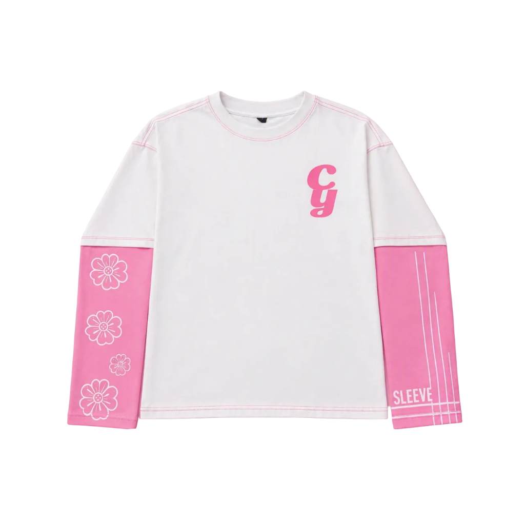 Coyor Blush Bloom oversized pink longsleeve streetwear shirt with floral sleeve graphics, white body, pink CY logo, premium aesthetic fashion apparel.