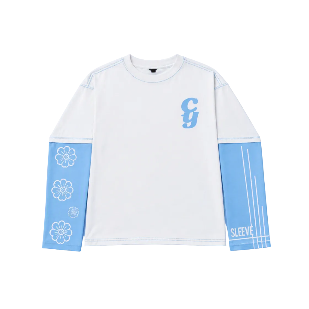 Coyor Sky Bloom floral streetwear longsleeve with oversized fit, sky blue sleeves, white body and signature blue CY logo.