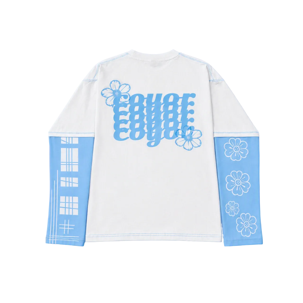 Coyor Sky Bloom premium streetwear longsleeve featuring oversized blue back print, floral graphics and sky blue sleeves.